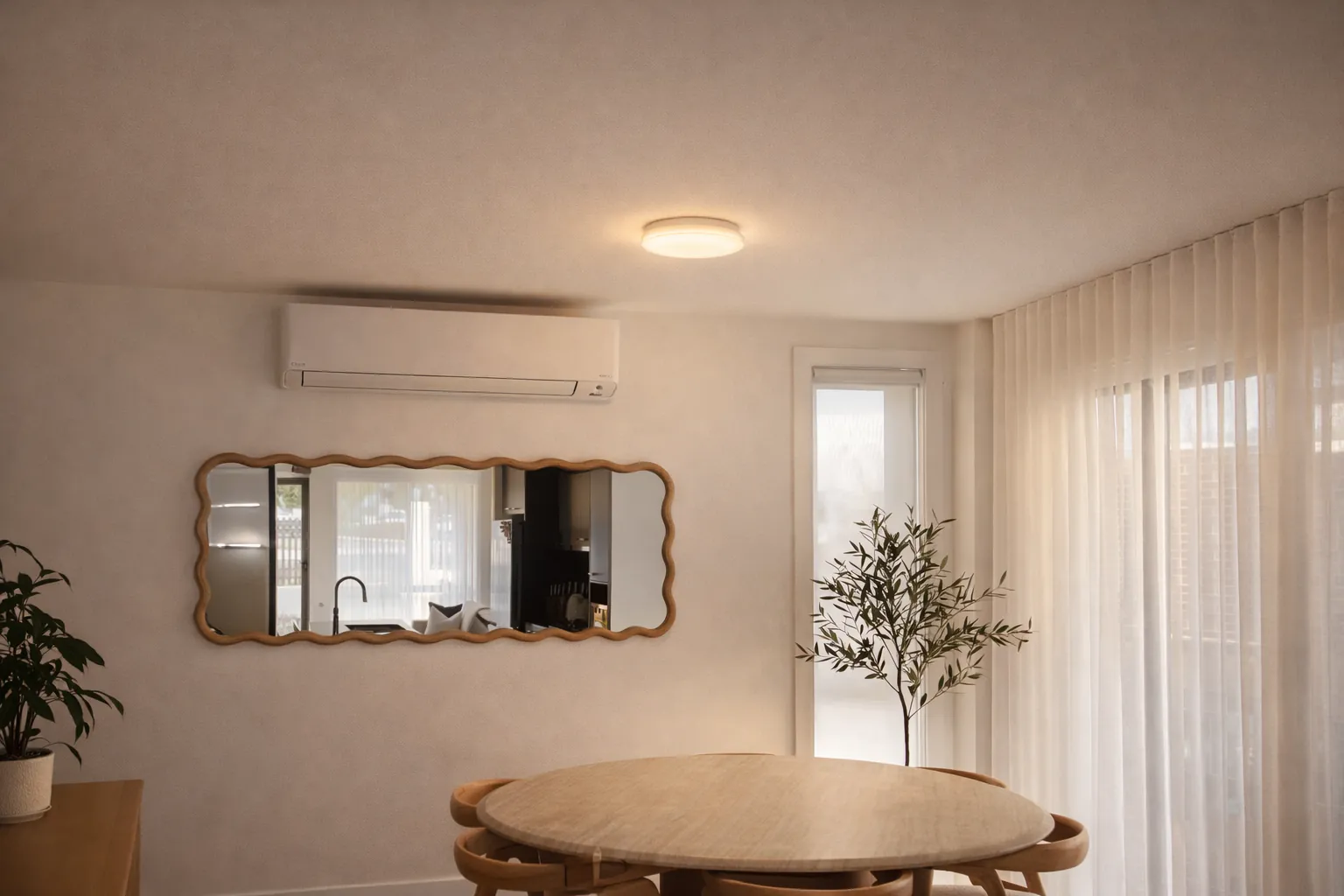 Slim wall-mounted split system air conditioner installed in a warm minimalist Sydney dining room